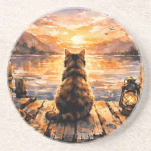 Dessous De Verre En Grès Chat sur le quai au coucher du soleil