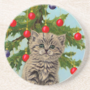 Dessous De Verre En Grès Chat vintage et sapin de Noël