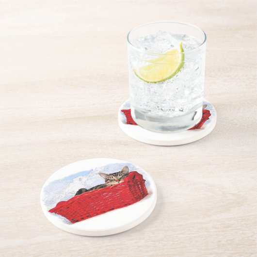 Dessous De Verre En Grès Chaton À Dormir Dans Panier Rouge Lumineux (Côté)