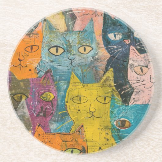 Dessous De Verre En Grès Chats d'aquarelle de Boho - Art de Feline de Terre (Devant)
