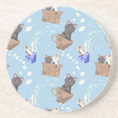 Dessous De Verre En Grès Chats en boîte et gouttes de lait sur bleu (Devant)