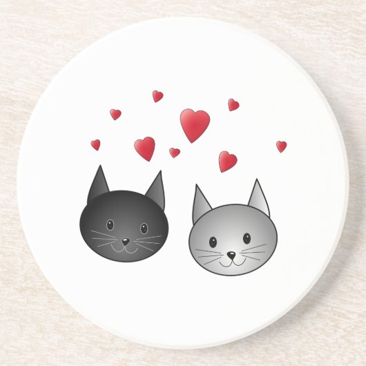 Dessous De Verre En Grès Chats noirs et gris mignons, avec des coeurs (Devant)