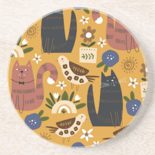 Dessous De Verre En Grès Chats vintages et oiseaux, Main Tirée.