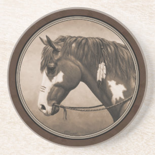 Dessous De Verre En Grès Cheval de guerre indien Pinto à Sepia