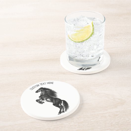 Dessous De Verre En Grès Cheval sauvage noir dressé - Dessin noir et blanc (Côté)