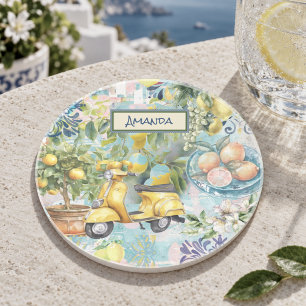 Dessous De Verre En Grès Chic bleu turquoise sicilien citrus collage floral