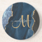 Dessous De Verre En Grès Chic Blue Gold Agate Script Monogramme personnalis (Devant)