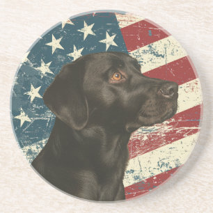 Dessous De Verre En Grès Chien Labrador Retriever noir au drapeau américain