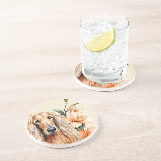 Dessous De Verre En Grès Chien Lévrier Afghan et Lys Péchés (Côté)