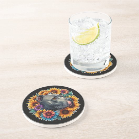 Dessous De Verre En Grès Chien Pitbull entouré de tournesols vibrants (Côté)
