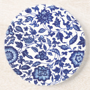 Dessous De Verre En Grès Chinois bleu marine foncé motif floral sur blanc