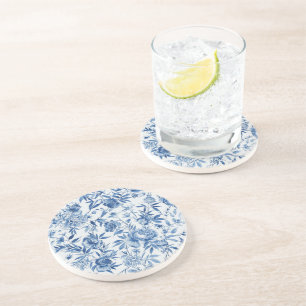 Dessous De Verre En Grès Chinoiserie bleue aquarelle florale botanique