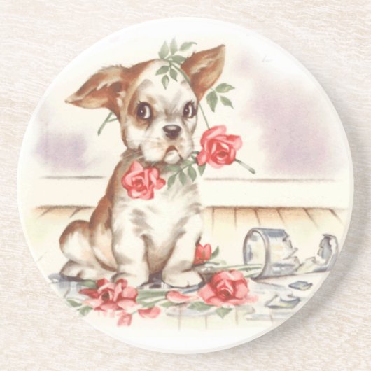 Dessous De Verre En Grès chiot avec rose (Devant)