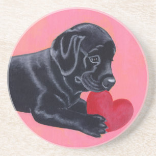 Dessous De Verre En Grès Chiot de Labrador et peinture noirs de coeur
