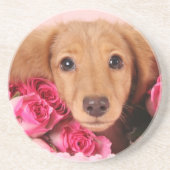 Dessous De Verre En Grès Chiot de teckel entouré par des roses (Devant)