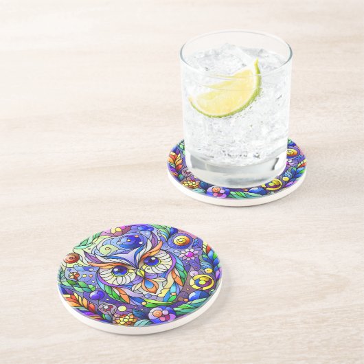 Dessous De Verre En Grès Chouette Whimsical Avec Yeux Sapphire (Côté)