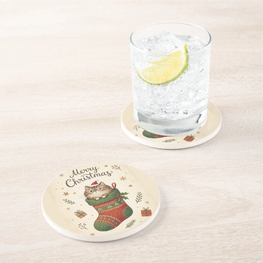 Dessous De Verre En Grès Christmas Cat in Stocking (Côté)