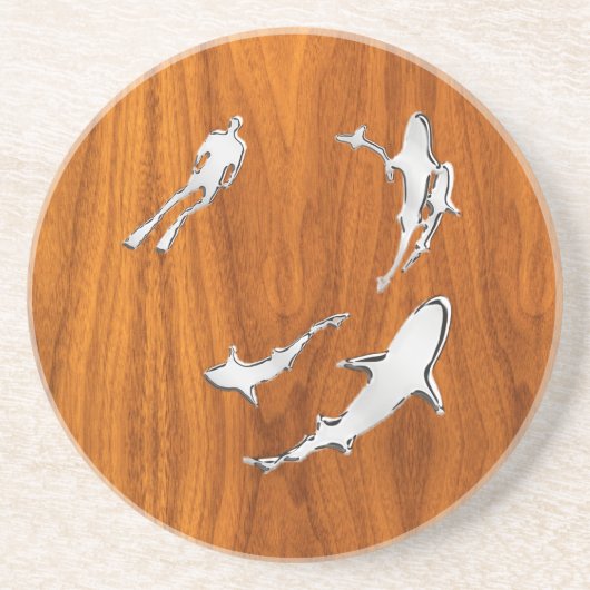 Dessous De Verre En Grès Chrome style Diver with Sharks on Teak Veneer (Devant)