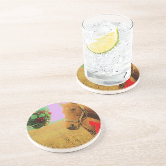 Dessous De Verre En Grès Ciel rose rétro Cheval de Noël (Côté)