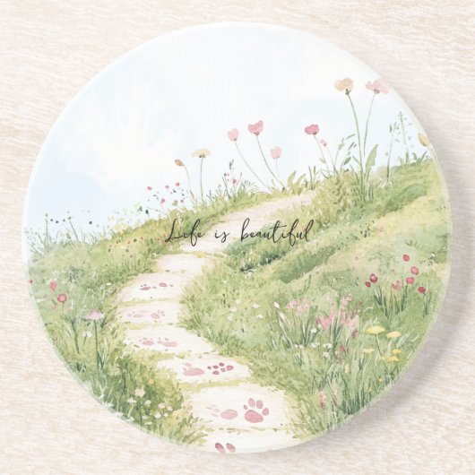 Dessous De Verre En Grès Cieux Bleus Chemin d'Herbe Fleurs Roses (Devant)