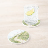 Dessous De Verre En Grès Cieux Bleus Chemin d'Herbe Fleurs Roses (Côté)