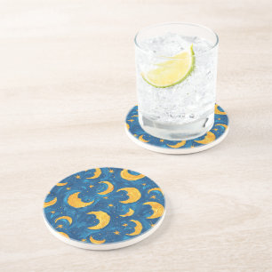 Dessous De Verre En Grès Cieux étoilés bleu or lunes étoiles