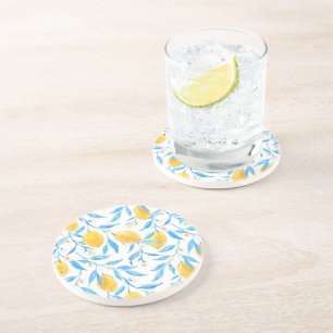 Dessous De Verre En Grès Citron jaune et feuilles bleus