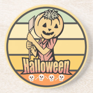 DESSOUS DE VERRE EN GRÈS CITROUILLE D'HALLOWEEN VINTAGE AVEC HACHE ET CRÂNE