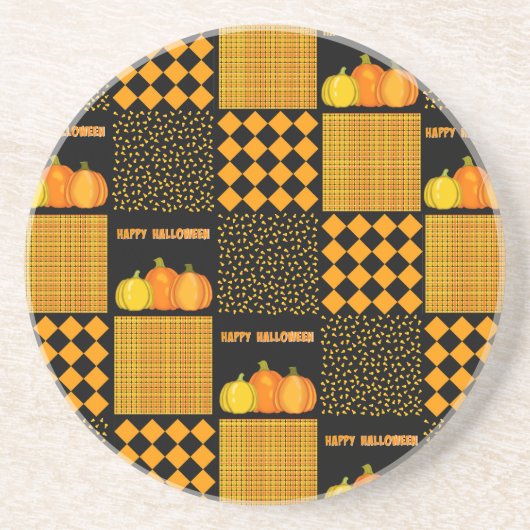 Dessous De Verre En Grès Citrouille Halloween Patchwork Motif (Devant)