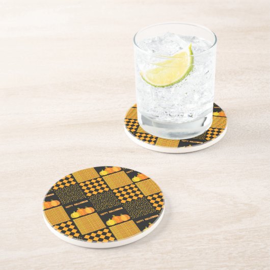 Dessous De Verre En Grès Citrouille Halloween Patchwork Motif (Côté)