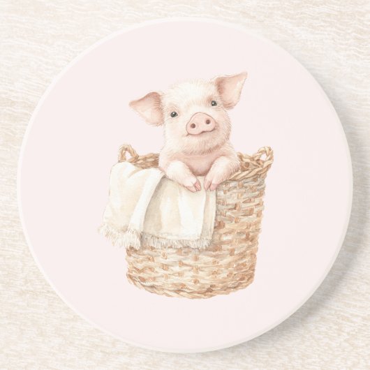 Dessous De Verre En Grès Cochon Rose dans un Panier (Devant)