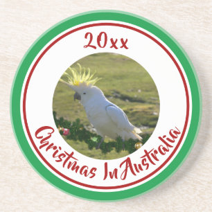 Dessous De Verre En Grès Cockatoès de Noël sur la branche de pin décoré