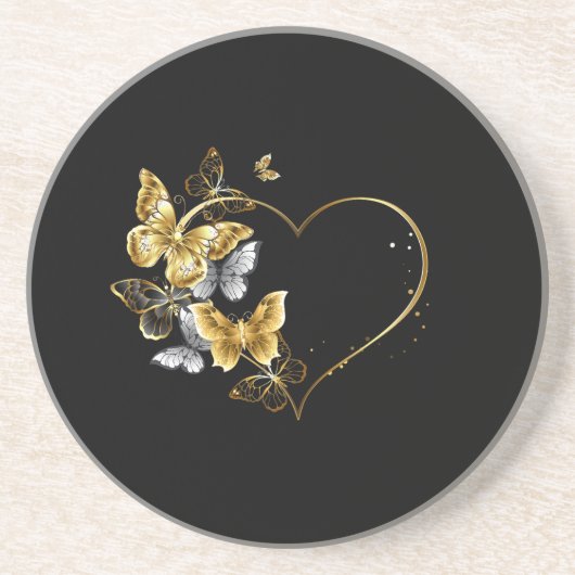 Dessous De Verre En Grès Coeur aux papillons d'or (Devant)