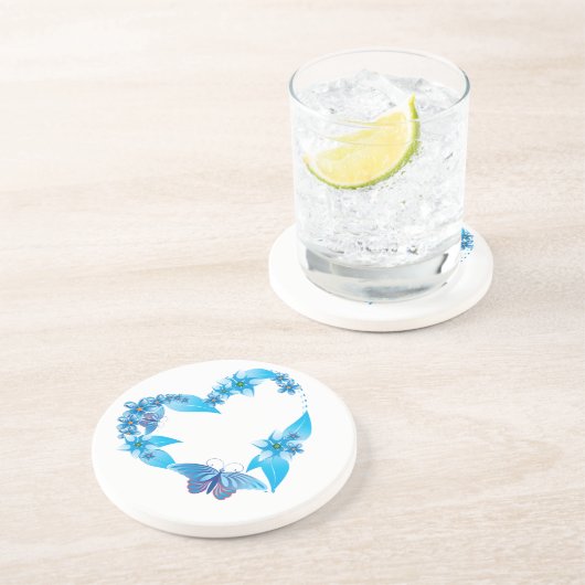 Dessous De Verre En Grès Coeur papillon bleu floral (Côté)