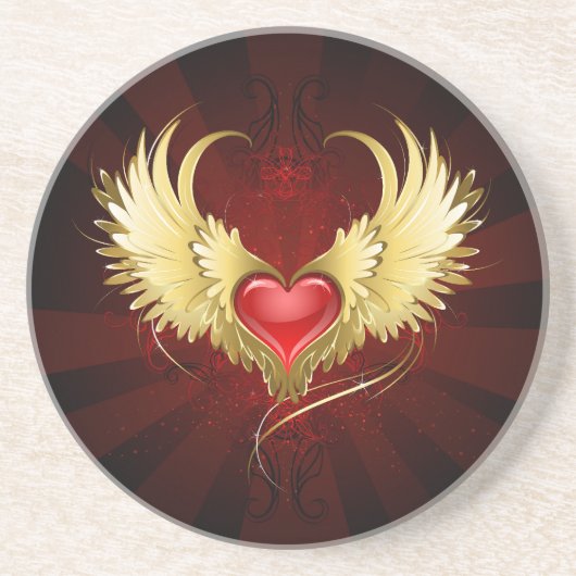 Dessous De Verre En Grès Coeur rouge avec ailes d'or (Devant)