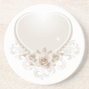 Dessous De Verre En Grès Coeur vintage et Rose Ecru