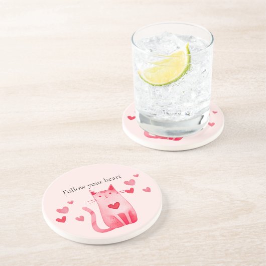 Dessous De Verre En Grès Coeurs de chat rose pâle (Côté)