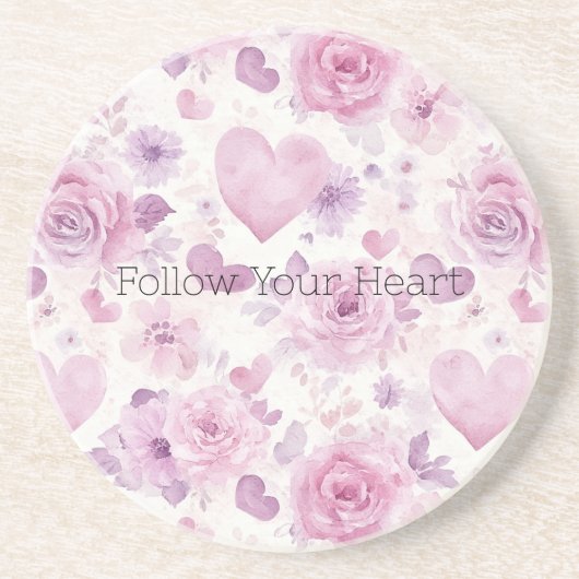 Dessous De Verre En Grès Cœurs Fleurs Roses Violettes (Devant)