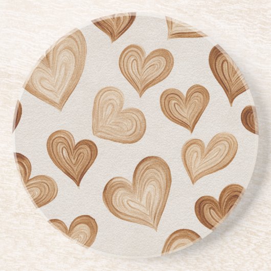 Dessous De Verre En Grès Cœurs Marron Crème Rayures (Devant)