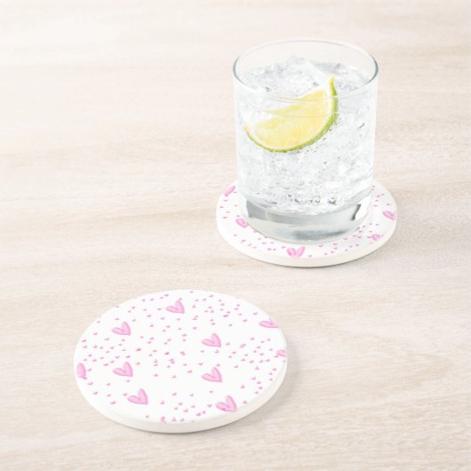 Dessous De Verre En Grès Coeurs roses sur blanc (Côté)