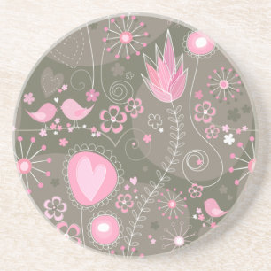 Dessous De Verre En Grès Coeurs Whimsical rose et gris, oiseaux et fleurs