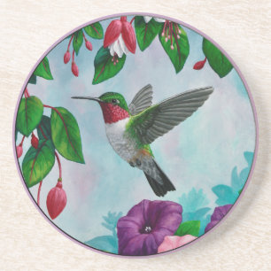 Dessous De Verre En Grès Colibri volant dans le jardin aux fleurs