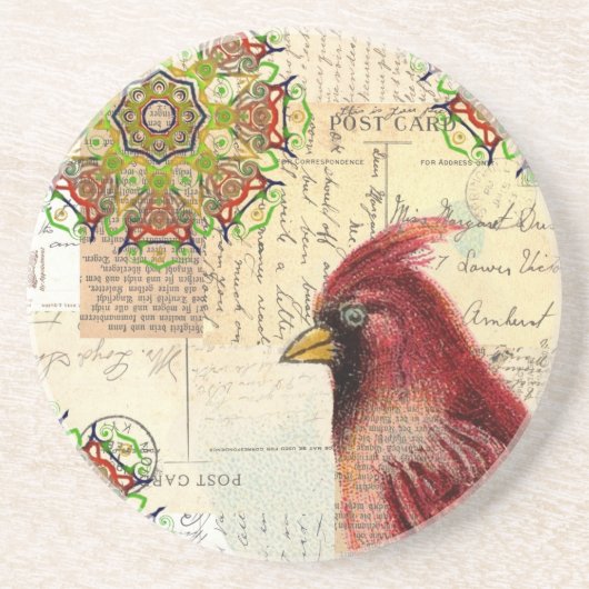 Dessous De Verre En Grès Collage Cardinal et Ephemera (Devant)