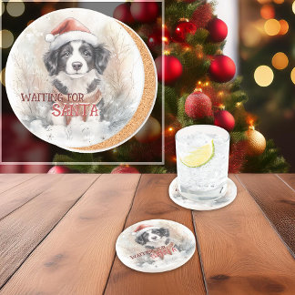 Dessous De Verre En Grès Collie Bordure En Attente De Père Noël Watercolor