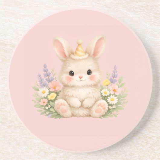 Dessous De Verre En Grès Conception de fleur sauvage de lapin duveteux pour (Devant)