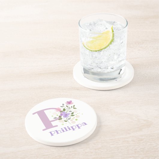 Dessous De Verre En Grès Conception Initiale Plus Nom & Fleurs (Côté)