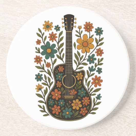 Dessous De Verre En Grès Conceptions Guitare & Fleurs (Devant)