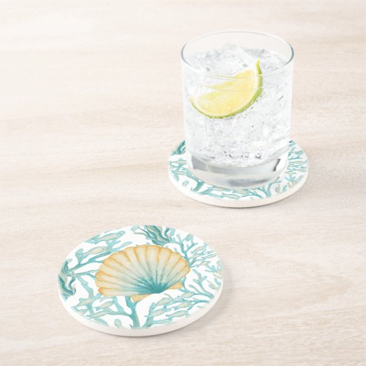 Dessous De Verre En Grès Coquillage à l'aquarelle bleu-vert (Côté)