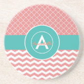 Dessous De Verre En Grès Corail Téquoise Chevron Quatrefeuille (Devant)