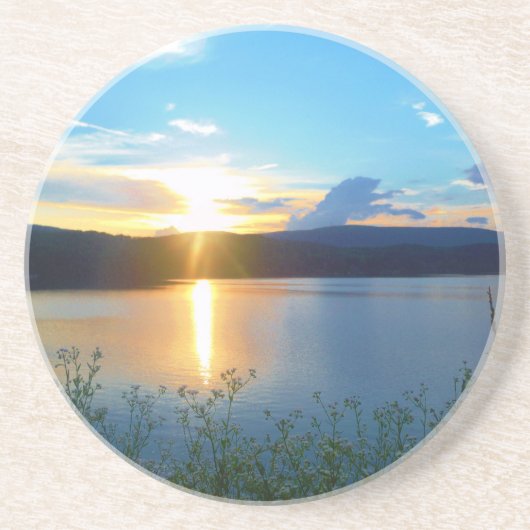 Dessous De Verre En Grès Coucher de soleil bleu sur le lac (Devant)